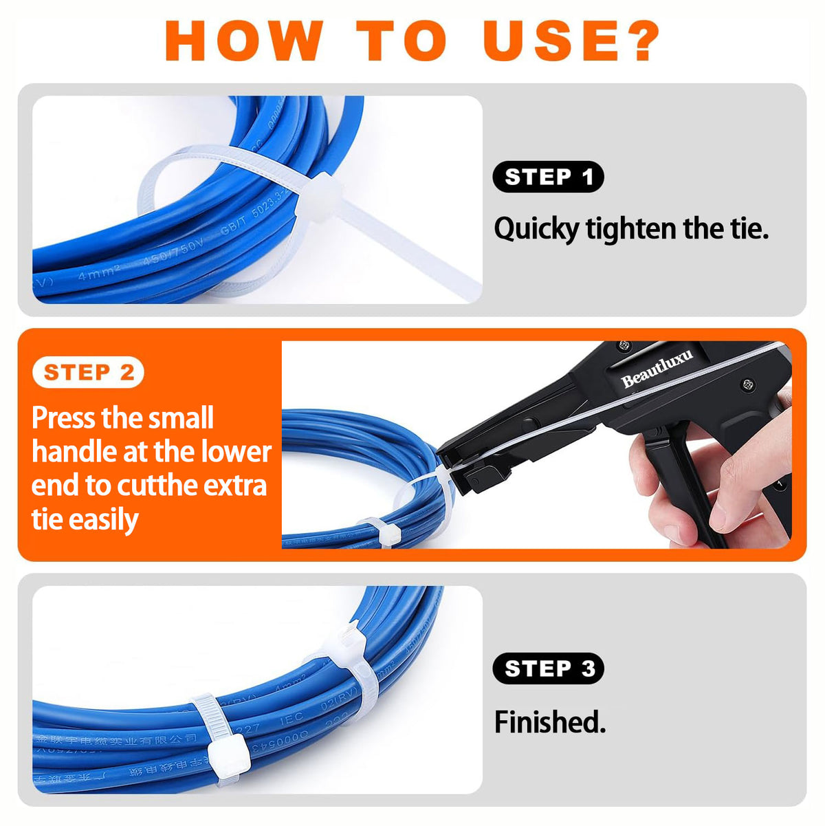 Fastening and Flush Cutting Tool with Steel Handle for Nylon Cable Ties