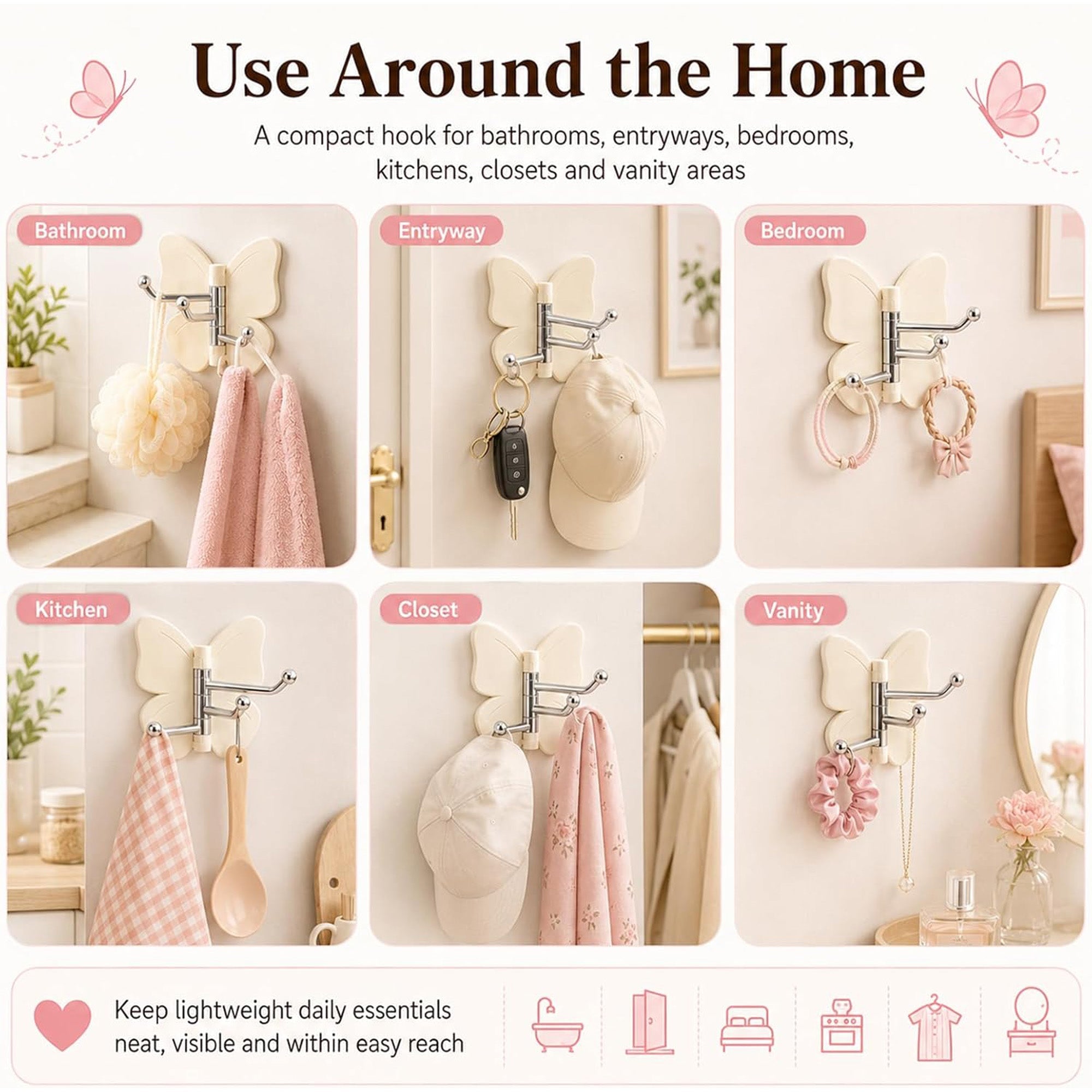 4PCS Butterfly Adhesive Hooks for Hanging Towels, Robes and Keys