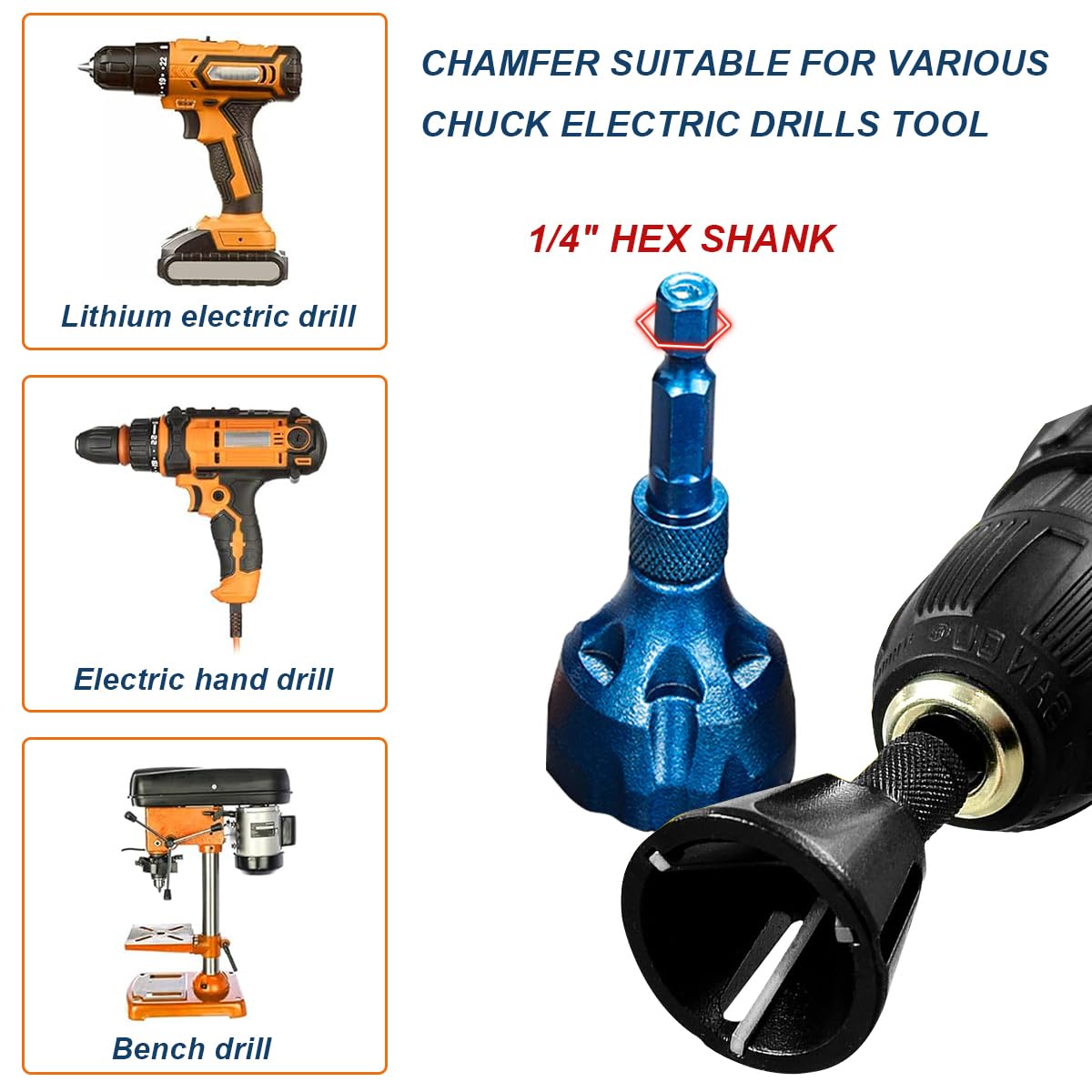 Deburring External Chamfer Tool, 3 Carbide Blades Quick Release 1/4 Inch Hex Shank Removing Burr Chamfering Drill Bits Set Kit for Remove or Repair Damaged Threaded Rod Bolt Pipe
