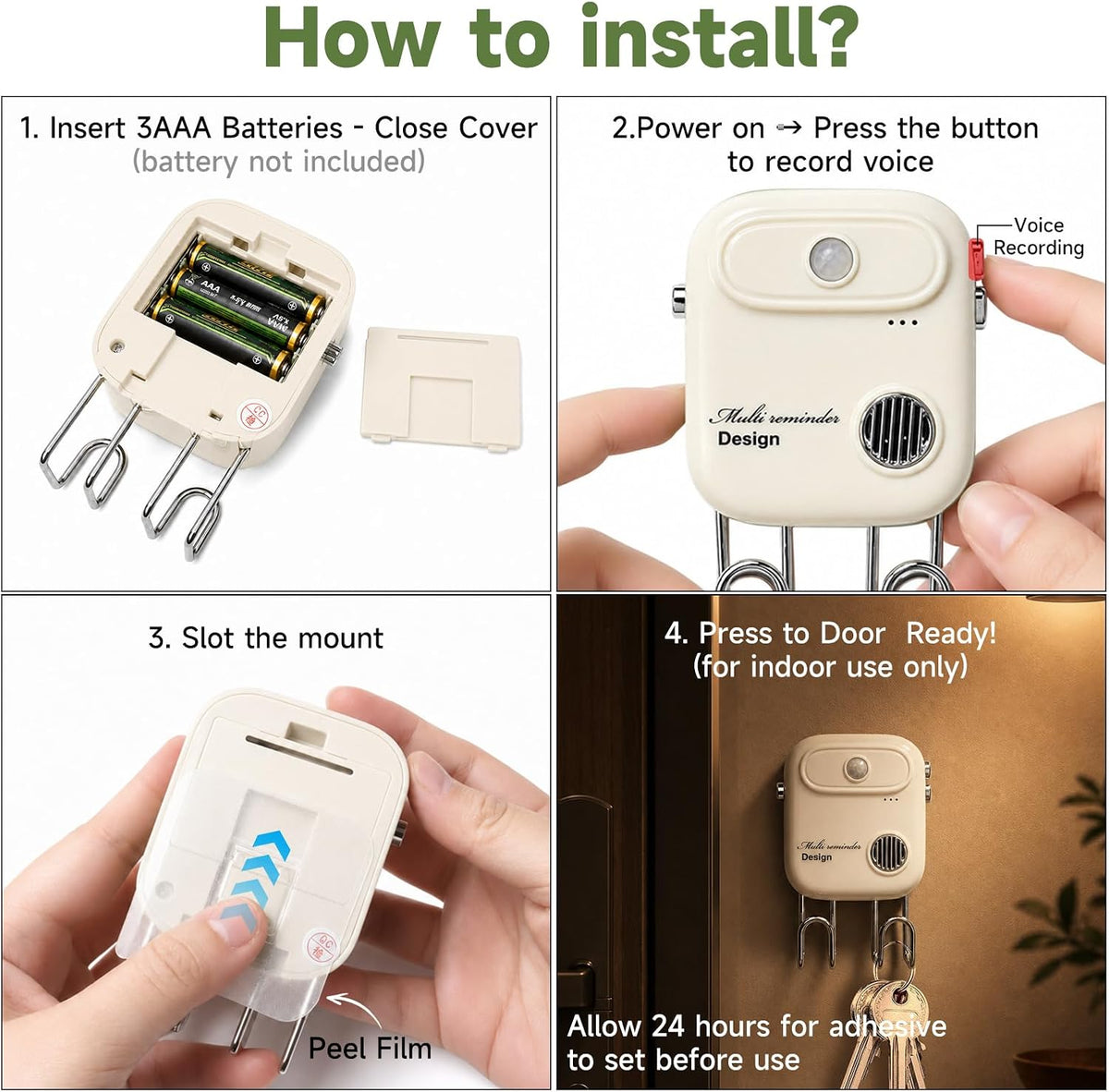 Door Exit Reminder with Key Holder, Recordable Voice Reminder, Motion-Activated