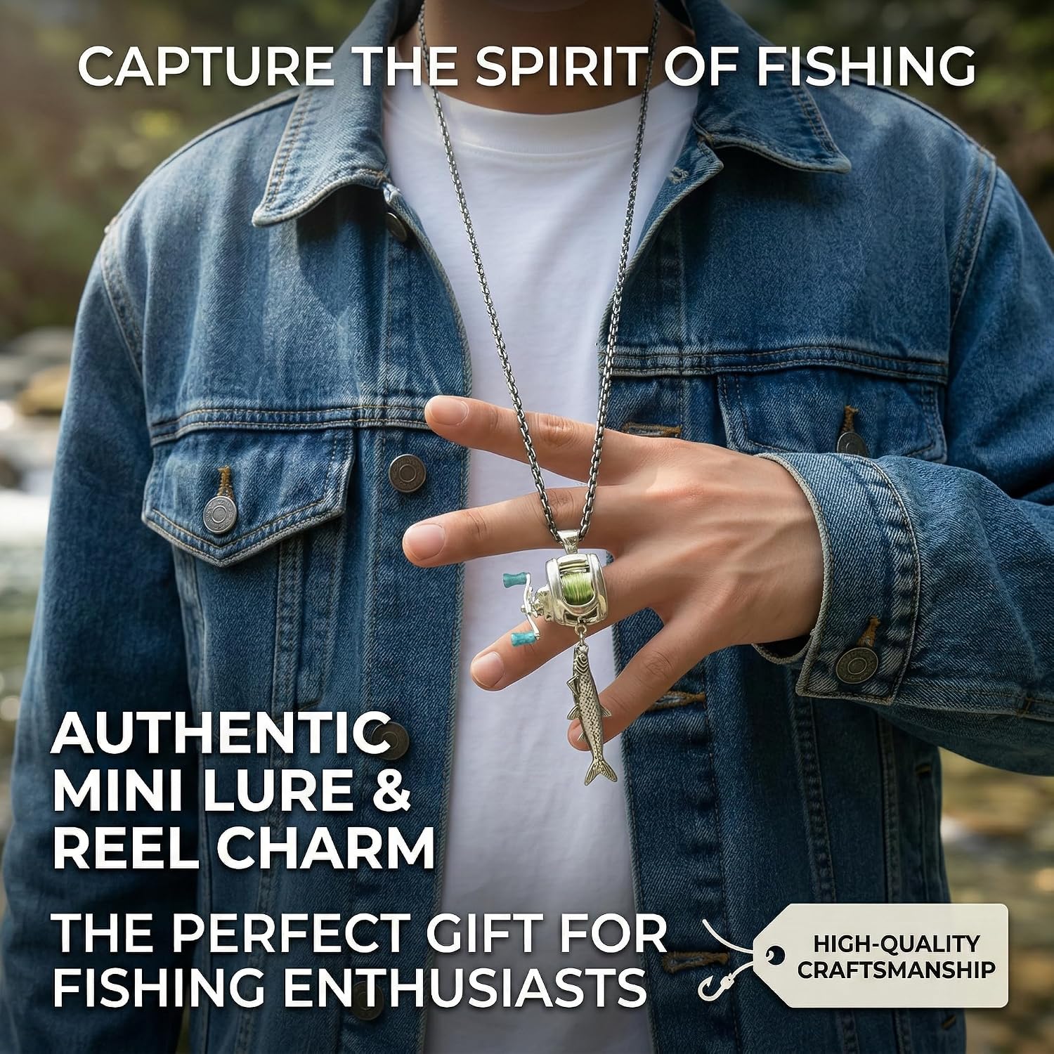 Fishing Reel Necklace with Rotating Handle & Moving Line Guide