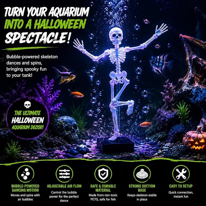 Dancing Skeleton Aquarium Decoration  Halloween Fish Tank Decor with Bubble Effect