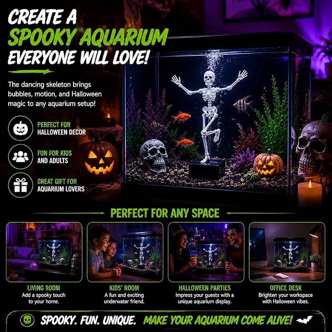 Dancing Skeleton Aquarium Decoration  Halloween Fish Tank Decor with Bubble Effect