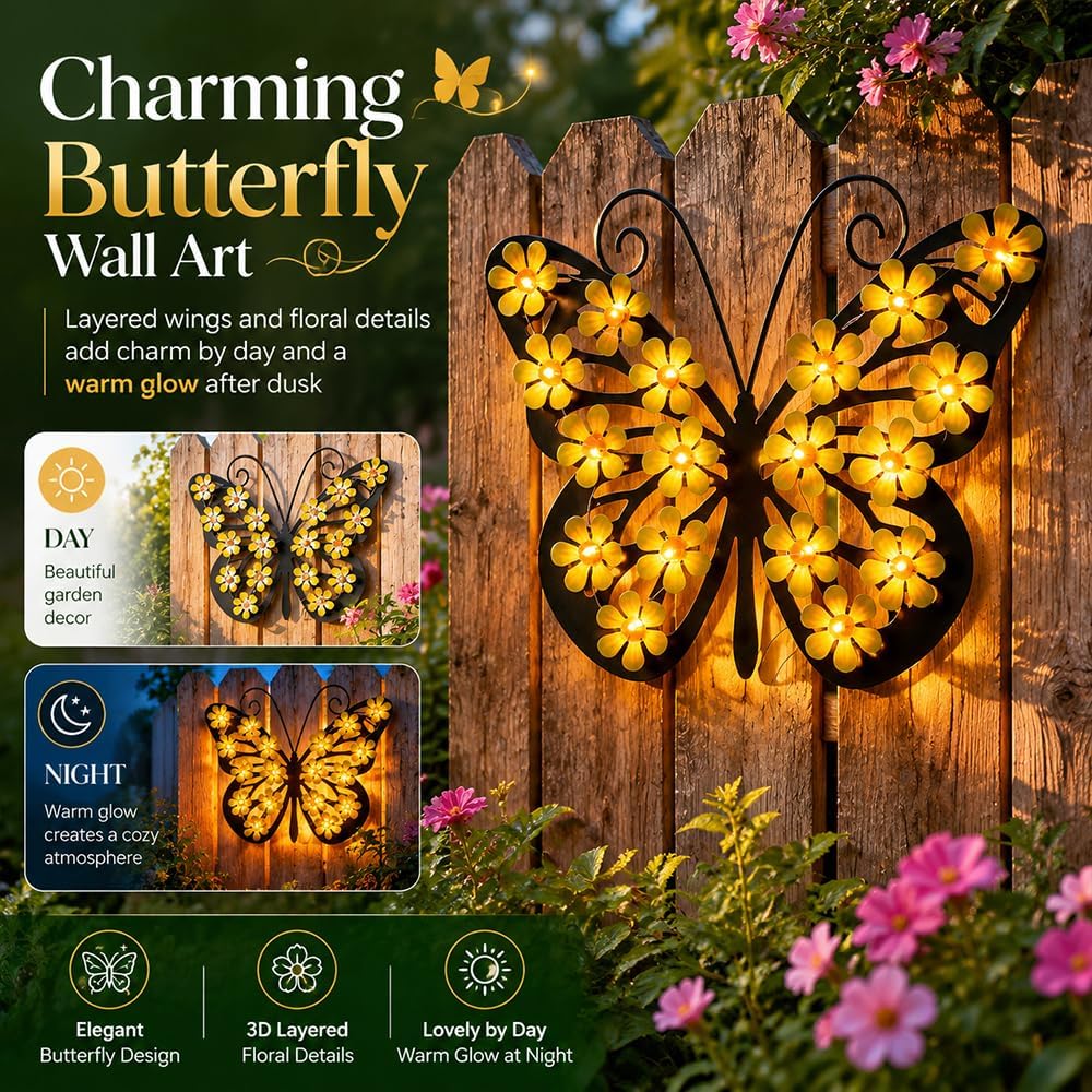 Solar Lights Outdoor Metal Butterfly Wall Decor Ip65 Waterproof