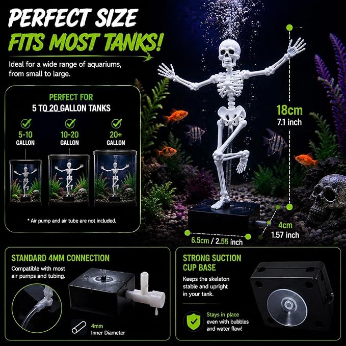 Dancing Skeleton Aquarium Decoration  Halloween Fish Tank Decor with Bubble Effect