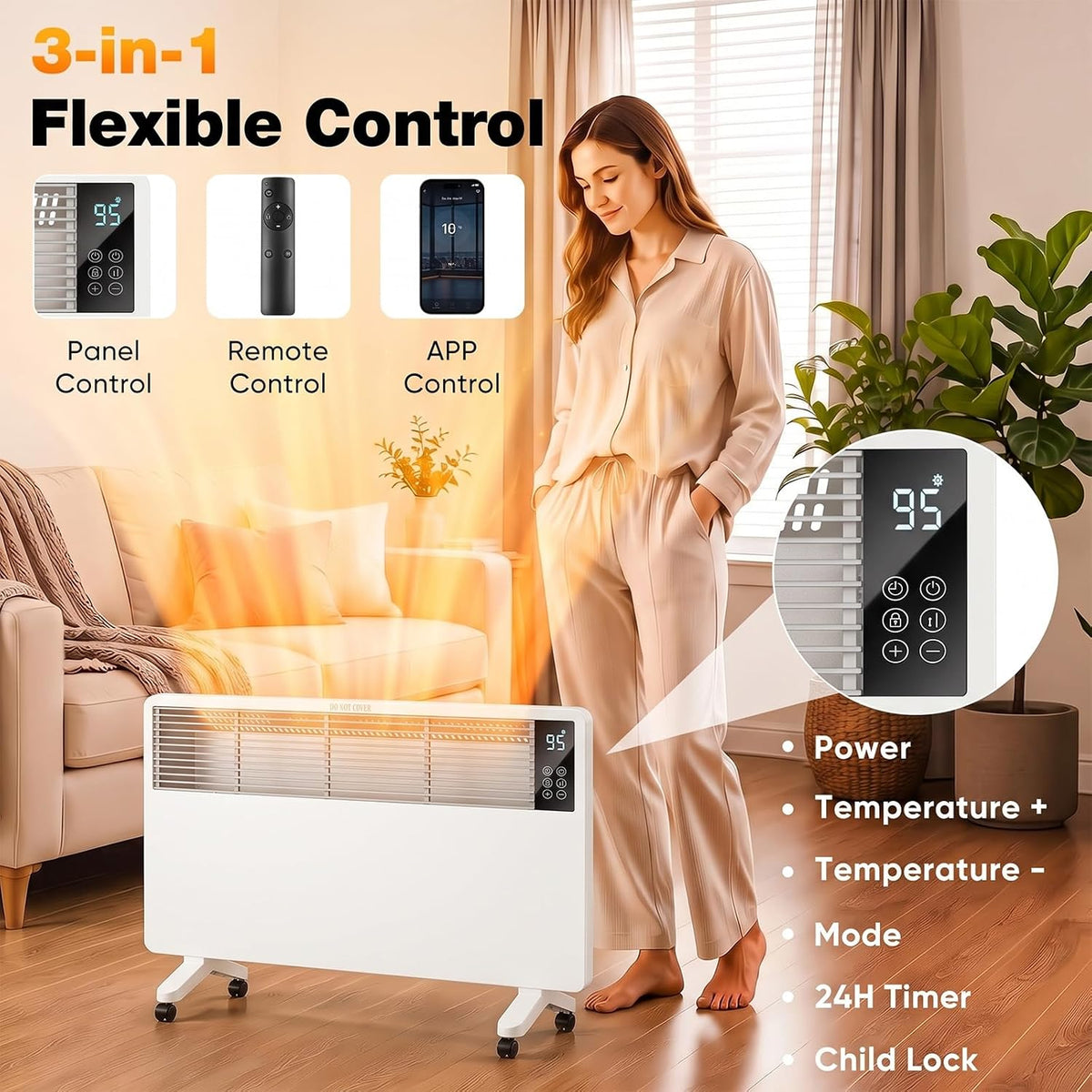 Convection Panel Space Heater for Indoor Use with APP & Remote