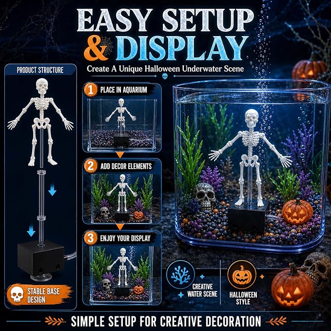 Dancing Skeleton Aquarium Decoration  Halloween Fish Tank Decor with Bubble Effect