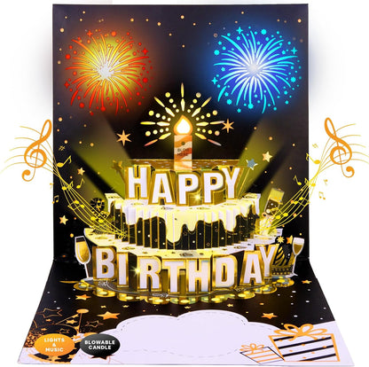3D Pop Up Birthday Card with Fireworks Cake, LED Lights & Music