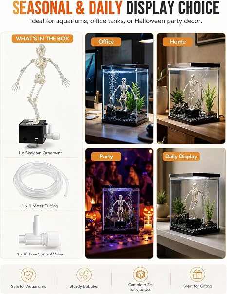 Dancing Skeleton Aquarium Decoration  Halloween Fish Tank Decor with Bubble Effect